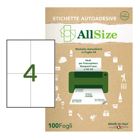 Rotolificio Pugliese 400 Etichette adesive in fogli A4 bianche permanenti senza margini (105x148mm), 4 etichette per foglio - 100 fogli - SM420