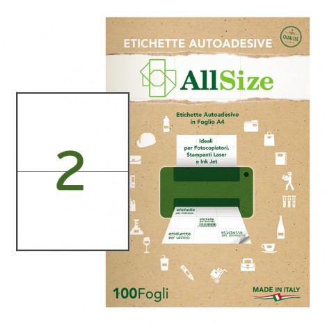 Rotolificio Pugliese 200 Etichette adesive in fogli A4  bianche permanenti senza margini (210x148,5mm), 2 etichette per foglio - 100 fogli - SM410