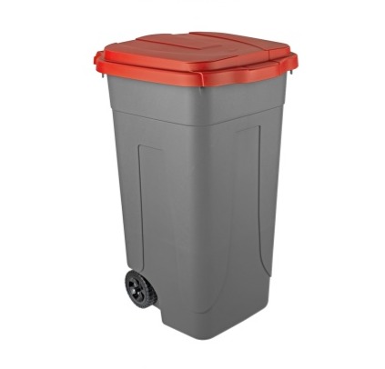 Bidone N.U. in plastica per raccolta differenziata con ruote e coperchio rosso