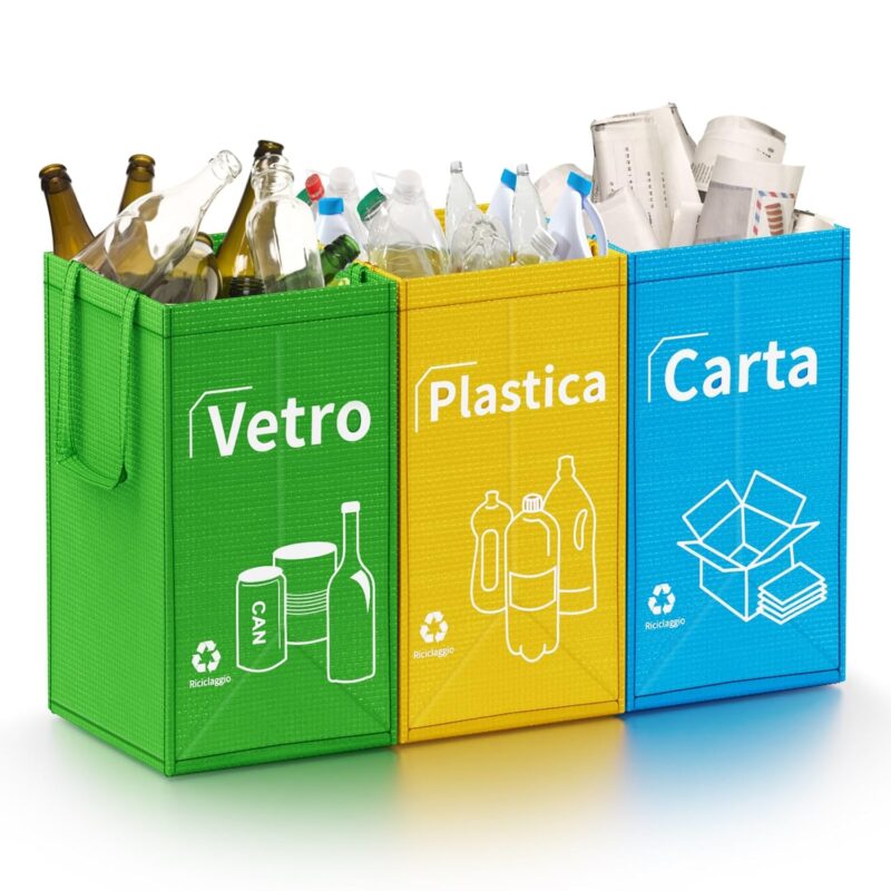 Borse Raccolta Differenziata 30L, 3 Contenitori Raccolta Differenziata  Carta, Plastica e Vetro