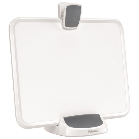 Fellowes I-Spire design 4 in 1: leggio, lavagna memo, supporto tablet e clip reggifogli (max 15 fogli). Puo` essere usato sia in posizione verticale che in orizzontale, non e` richiesto il montaggio