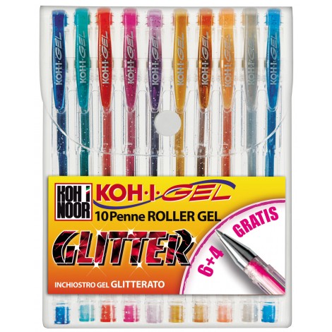 Kohinoor Roller Gel - Penna roller con inchiostro glitterato, colori assortiti - Prezzo singolo, ord. minimo 10pz - NAGP10S