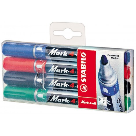 Stabilo Mark 4 All – Marcatore permanente con inchiostro a base d`alcool, esente da xilene e toluene, tratto 1-2,5mm, colori assortiti – 4pz - 6514PL