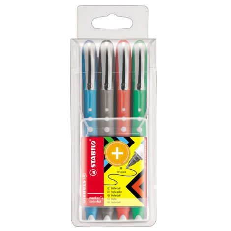 Stabilo Worker+ colorfull – Penna roller con fusto in gomma morbida, colori assortiti, tratto 0,5mm – 4pz – 2019/4