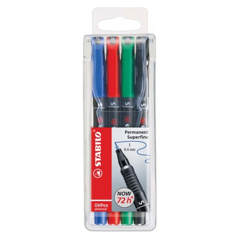Stabilo OHPen – Pennarello per lucidi e superfici lisce, inchiostro permanente, punta superfine, tratto 0,4mm, colori assortiti – 4pz – 841/4