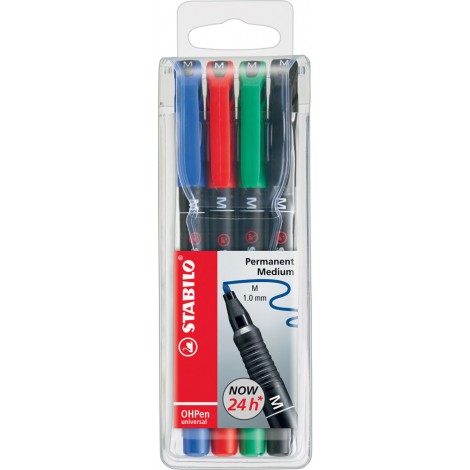 Stabilo OHPen - Pennarello per lucidi e superfici lisce, inchiostro permanente, punta media, tratto 1mm, colori assortiti  - 4pz - 843/4