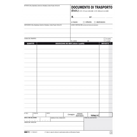 Edipro Blocco documento di trasporto, 50 pagine per 2 copie, autoricalcante, 22x14,8cm - Prezzo singolo, ord. minimo 5pz - E5214C