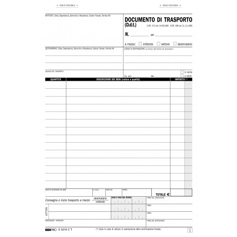 Edipro Blocco documento di trasporto, 33 pagine per 3 copie, autoricalcante, 22x14,8cm - Prezzo singolo, ord. minimo 5pz - E5215CT
