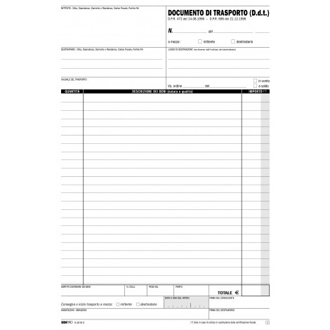Edipro Blocco documento di trasporto, 50 pagine per 2 copie, autoricalcante, 22x29,7cm - Prezzo singolo, ord. minimo 5pz - E5216C