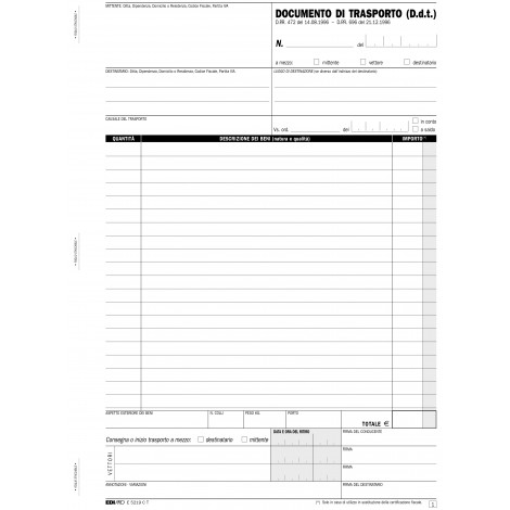 Edipro Blocco documento di trasporto, 33 pagine per 3 copie, autoricalcante, 22x29,7cm - Prezzo singolo, ord. minimo 5pz - E5219CT