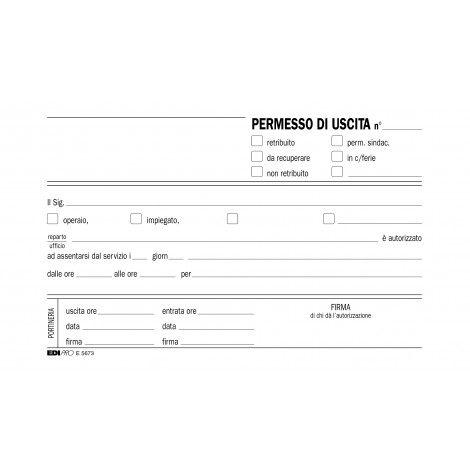 Edipro Blocco permesso uscita, 50 pagine per 2 copie, autoricalcante, 9,9x17cm - Prezzo singolo, ord. minimo 5pz - E5673A