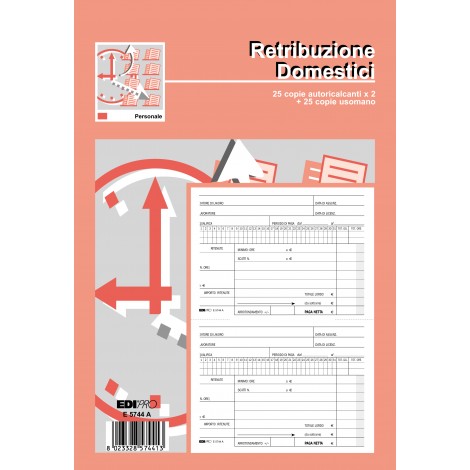 Edipro Blocco retribuzione domestici, 25 pagine per 3 copie, autoricalcante, 14,8x22cm - Prezzo singolo, ord. minimo 5pz - E5744A