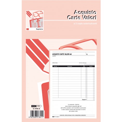 EdiproBlocco ricevuta ACQUISTO valori bollati, 50 pagine per 2 copie, autoricalcante, 14,8x22cm - Prezzo singolo, ord. minimo 5pz - E5784A