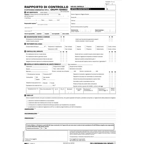 Edipro Rapporto di controllo di efficienza energetica T1 (GRUPPI TERMICI), snap out, 3 copie autoricalcante, 21x29,7cm - Prezzo singolo, ord. minimo 25pz - E9091T1