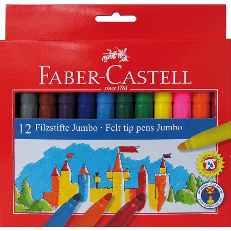 Faber-Castell Astuccio con 12 pennarelli castello jumbo, punta fine con inchiostro base d`acqua, tratto 5mm, colori assortiti - 554312 - C92FB0072