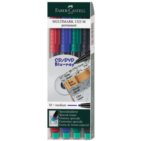 Faber-Castell Multimark 1525 M - Marcatore permanente ideale per lucidi, cancellabile con la speciale gomma sul fondo, tratto 1mm, colori assortiti  - 4pz - 152504 - C92FB0227
