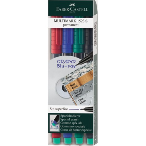 Faber-Castell Multimark 1523 S - Marcatore permanente ideale per lucidi, cancellabile con la speciale gomma sul fondo, tratto 0,4mm, colori assortiti  - 4pz - 152304 - C92FB0229