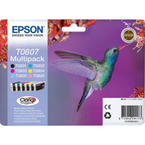 T0807 Cartuccia inchiostro nero, ciano, magenta, giallo, ciano chiaro e magenta chiaro per Epson STYLUS PHOTO R 265 (220pg) 1Conf. - C13T08074011