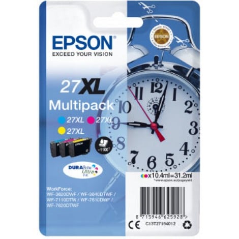 27 cartuccia XL multipack CMY ciano, magenta e giallo per Epson WORKFORCE WF 3620DWF (10,4ml) 1Conf. - C13T27154012