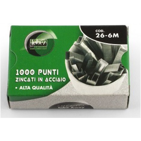 Lebez Punti per cucitrice 26/6 - Scatola 1000 punti in filo metallico, lunghezza gamba 6mm per cucire fino a 20 fogli- Prezzo singolo, ord. minimo 20pz - 26-6M - C92EB4025