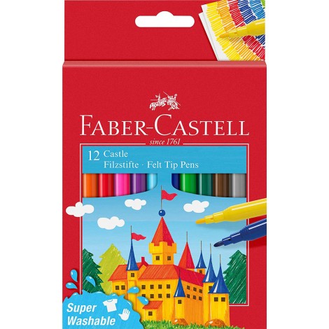 Faber-Castell Astuccio con 12 pennarelli castello, punta fine con inchiostro base d`acqua, tratto 0,6mm, colori assortiti - 554201 - C92FB0070