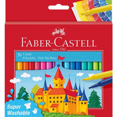 Faber-Castell Astuccio con 36 pennarelli castello, punta fine con inchiostro base d`acqua, tratto 0,6mm, colori assortiti - 554203 - C92FB0071
