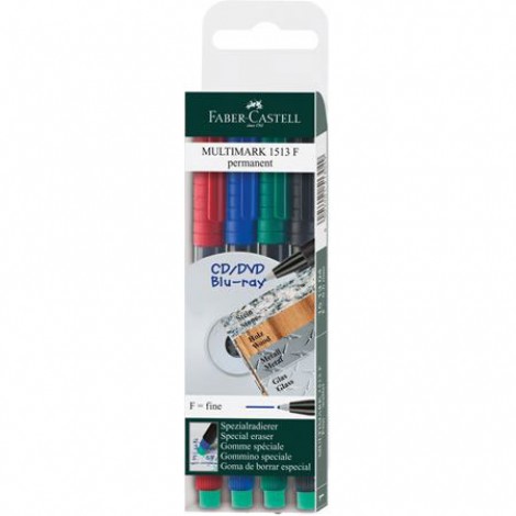 Faber-Castell Multimark 1513 F - Marcatore permanente ideale per lucidi, cancellabile con la speciale gomma sul fondo, tratto 0,6mm, colori assortiti  - 4pz - 151304 - C92FB0228