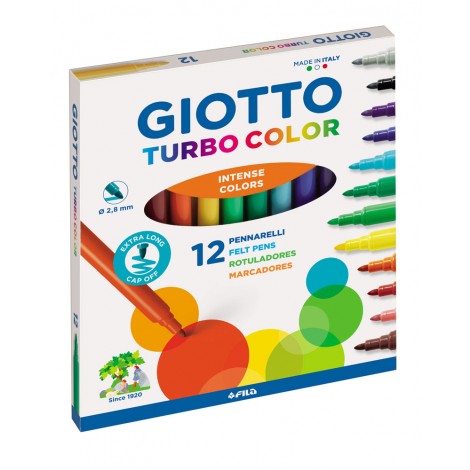 Giotto Astuccio con 12 pennarelli TURBO COLOR, inchiostro innocuo e lavabile, pennino in fibra, super-resistenti, colori assortiti - F416000 - C92FI0032