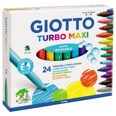 Giotto Astuccio con 24 pennarelli TURBO MAXI, inchiostro innocuo e lavabile, pennino in fibra, super-resistenti, colori assortiti  - F455000 - C92FI0033