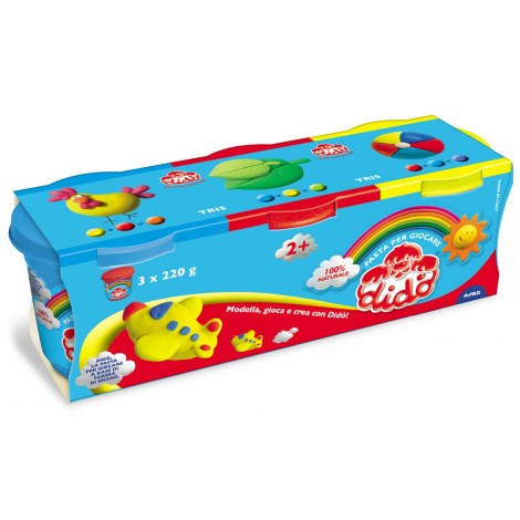 Didò Pasta per giocare a base di farina di grano. Confezione impermeabile, 220gr, colori rosso, giallo e azzurro - F390460 - C92FI0041