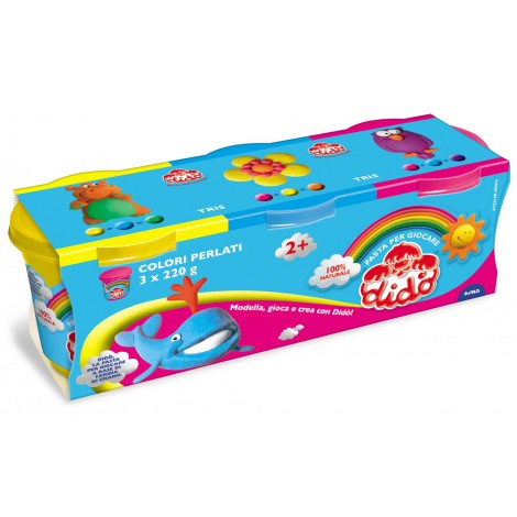 Didò Pasta per giocare a base di farina di grano. Confezione impermeabile, 220gr, colori giallo, magenta e blu - F390463 - C92FI0042