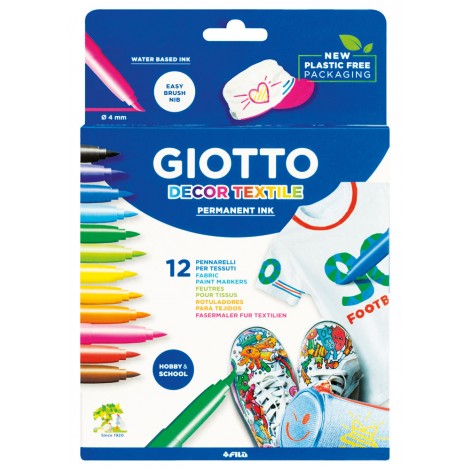 Giotto Decor Textile - Astuccio con 12 pennarelli a base acqua per tessuti, resistono a lavaggi in lavatrice a 40gradi, colori assortiti - F49490000 - C92FI0137