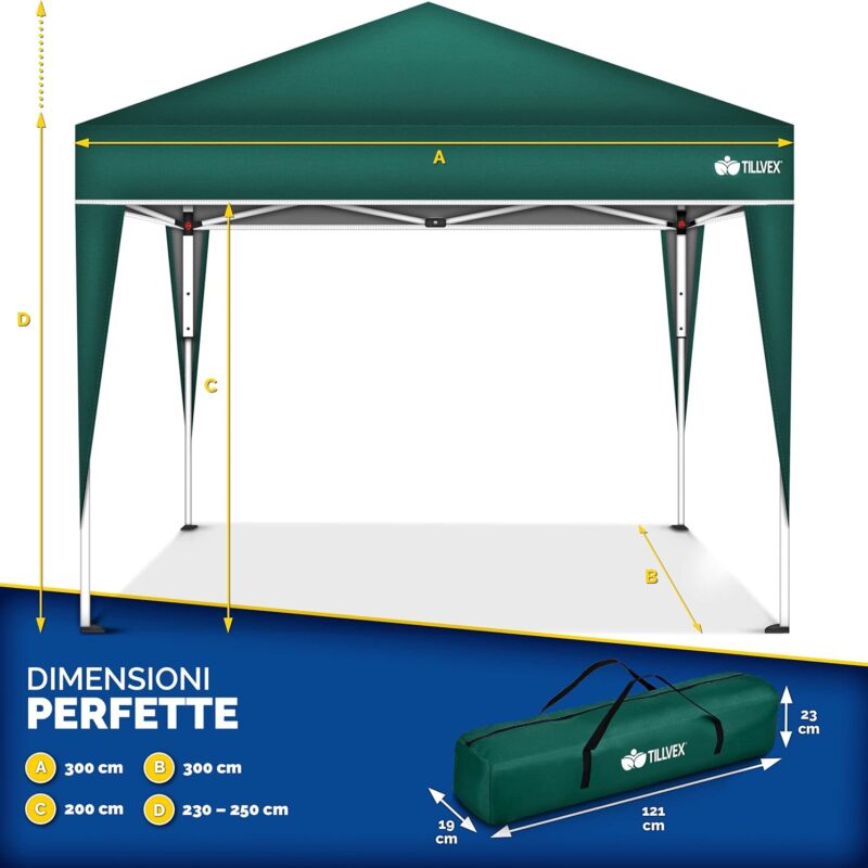 tillvex Gazebo 3x3m impermeabile, pieghevole pop-up regolabile in altezza con borsa (Verde) -   C92GA3X3VE