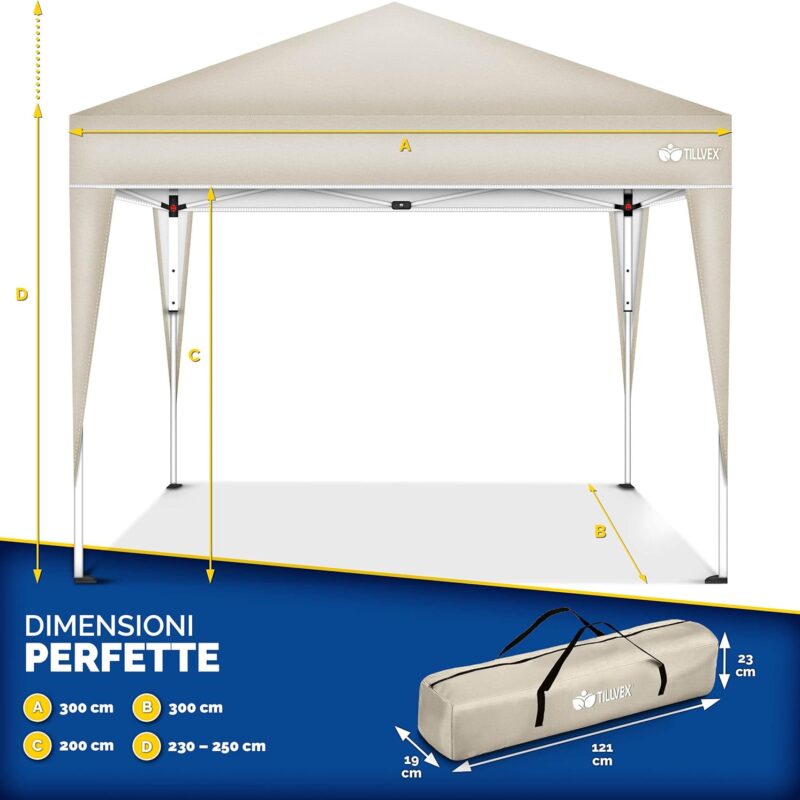 tillvex Gazebo 3x3m impermeabile, pieghevole pop-up regolabile in altezza con borsa (Beige) -   C92GA3X3BE