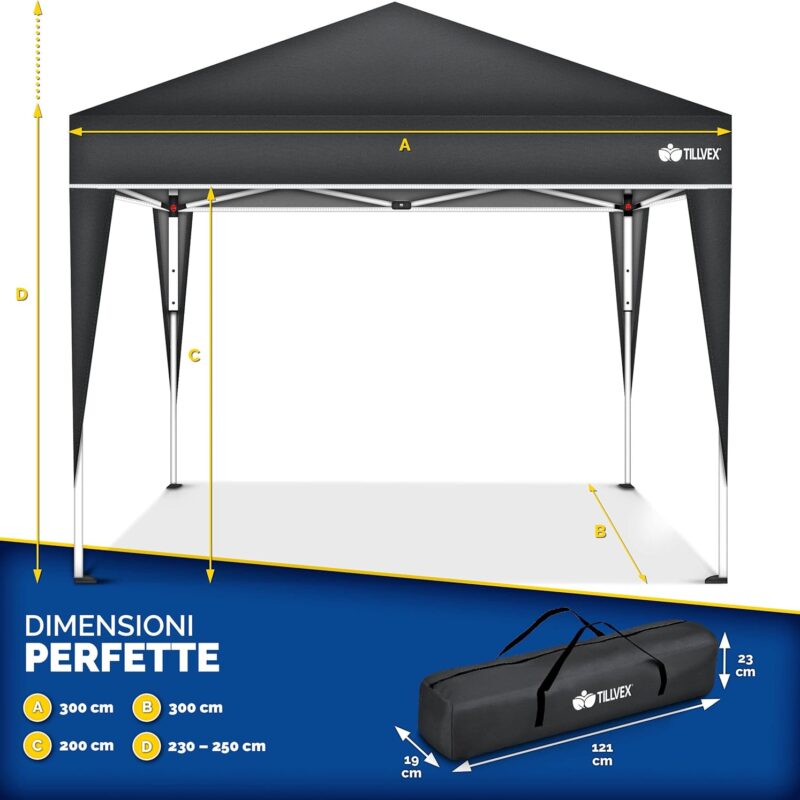 tillvex Gazebo 3x3m impermeabile, pieghevole pop-up regolabile in altezza con borsa (Antracite) -   C92GA3X3ANT
