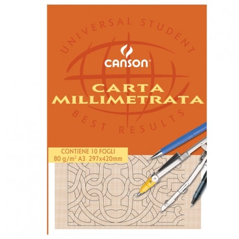 Canson Album da disegno liscio opaco, quadrettatura resistente alle ripetute cancellature, tratto forte ogni 5cm, A3, 80gr, colore arancio, 10fg - C200005824 - C92FI0420