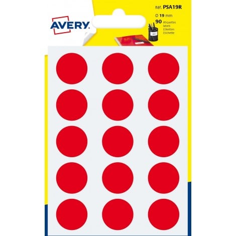 Avery 90 etichette adesive rotonde permanenti scrivibili a mano, Ø19mm, 15 etichette per foglio, 6 fogli, colore rosso - 1pz - PSA19R