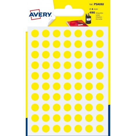Avery 420 etichette adesive rotonde permanenti scrivibili a mano, Ø8mm, 70 etichette per foglio, 6 fogli, colore giallo - 1pz - PSA08J