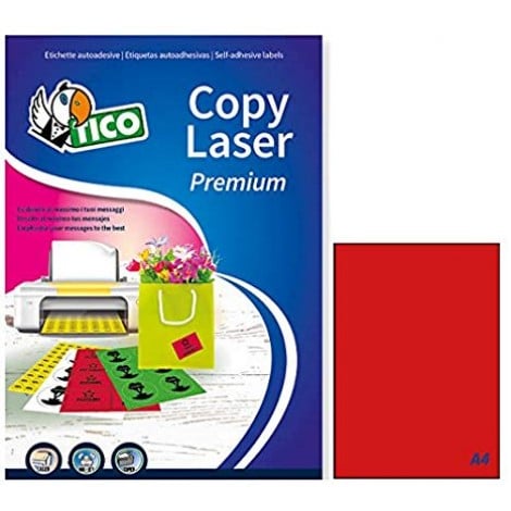 Tico 70 etichette adesive permanenti senza margini, (210x297mm), 147gr, colore rosso, 1 etichetta per foglio - 70 fogli - LP4FR-210297