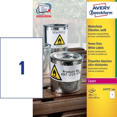 Avery 100 etichette adesive permanenti (210mmx297mm), 1 etichetta per foglio - 100 fogli - L4775-100
