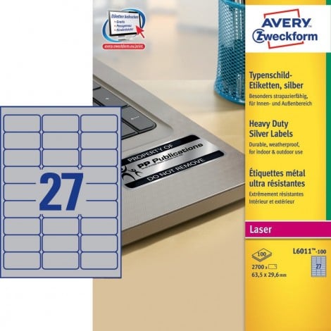 Avery 2700 etichette adesive in fogli A4 permanenti (63,5mmx29,6mm), 27 etichette per foglio - 100 fogli - L6011-100