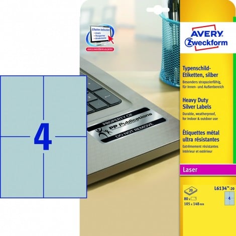 Avery 80 etichette adesive in fogli A4 permanenti (105mmx148mm), 4 etichette per foglio - 20 fogli - L6134-20