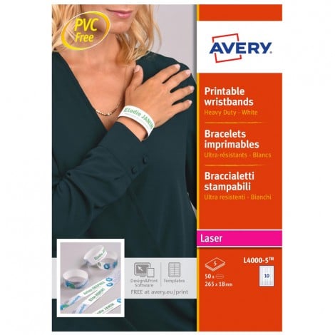 Avery 50 braccialetti identificativi stampabili, 265x18mm, 10 braccialetti per foglio - 5 fogli - L4000-5
