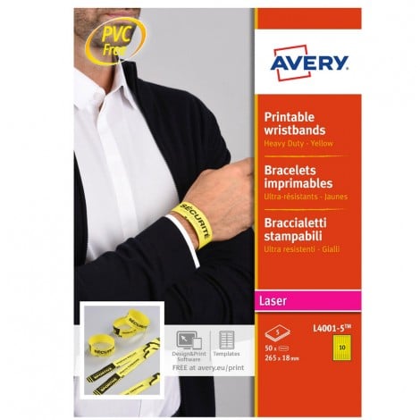Avery 50 braccialetti identificativi stampabili, 265x18mm, 10 braccialetti per foglio - 5 fogli - L4001-5