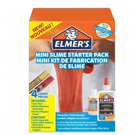 Elmers Mini kit per slime, contiene: 1 flaconi da 147ml di colla trasparente, 1 flaconi di Magical Liquid da 68ml piu un assortimento di 2 tubetti di colla a penna glitterati rosso e oro - 2097607 - C92ES0037