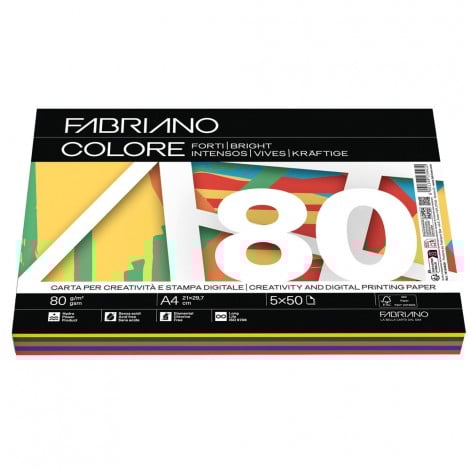 Fabriano Colore - Carta A4, 250 fogli, 80gr, colori assortiti forti - 19100809