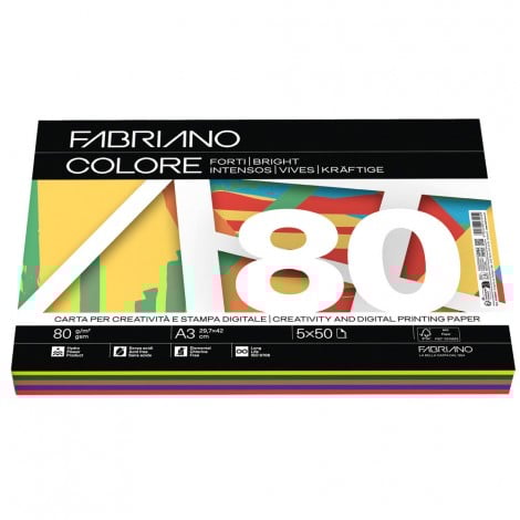 Fabriano Colore – Carta A3, 250 fogli (giallo, verde, azzurro, rosso, aragosta), 80gr colori assortiti forti - 19100810