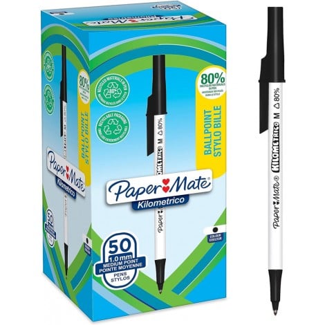 Papermate Kilometrico -Penna a sfera con 80% di materiale riciclato, tratto 1mm, colore nero - 2187701