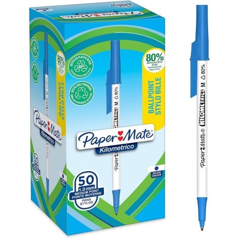 Papermate Kilometrico - Penna a sfera con 80% di materiale riciclato, tratto 1mm, colore blu  - 2187701