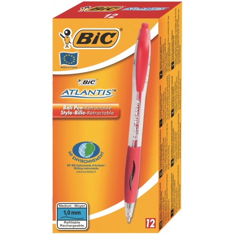 Bic Atlantis - Penna a sfera, punta da 1mm, tratto 0,32mm, colore rosso - 12pz